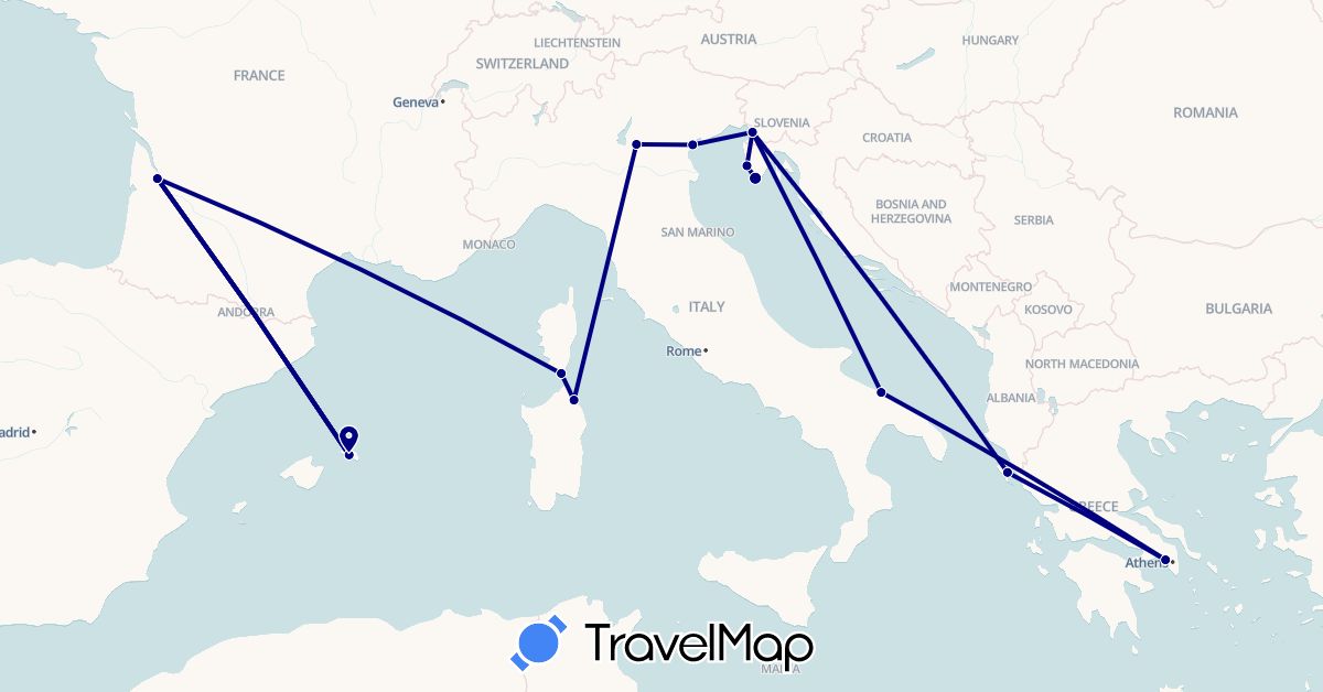 TravelMap itinerary: driving in Spain, France, Greece, Croatia, Italy, Turkey (Asia, Europe)
